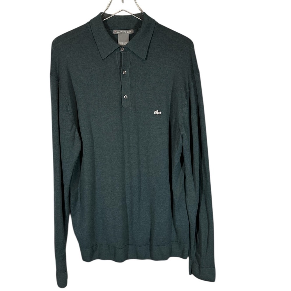 LACOSTE Men's 6/XL Green Collared Lightweight Sweater Pure Virgin Wool